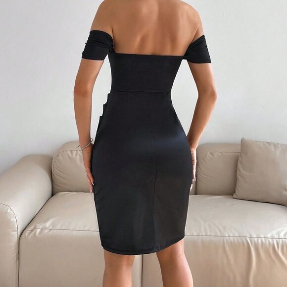 Black Preppy Womens Off Shoulder Ruched Tulip Hem Dress - Picture 2 of 5